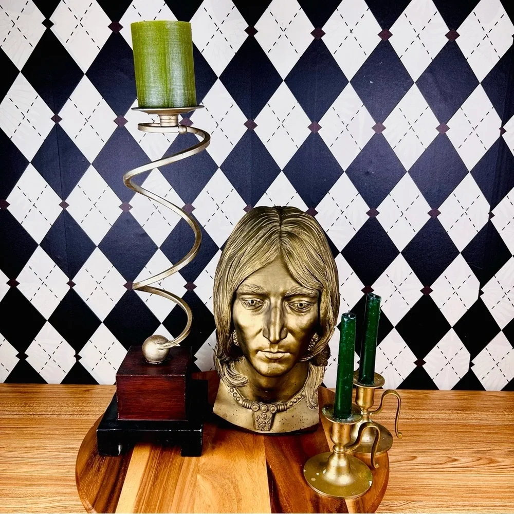 Gold Bust Sculpture with‎ Green Candles